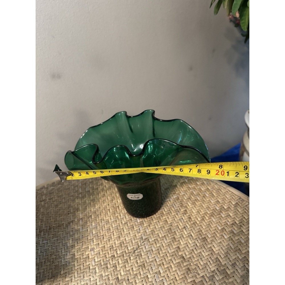 VTG Bischoff Kingstown Blown Glass Fan Vase Ruffled Peacock Green 6" - Picture 7 of 7